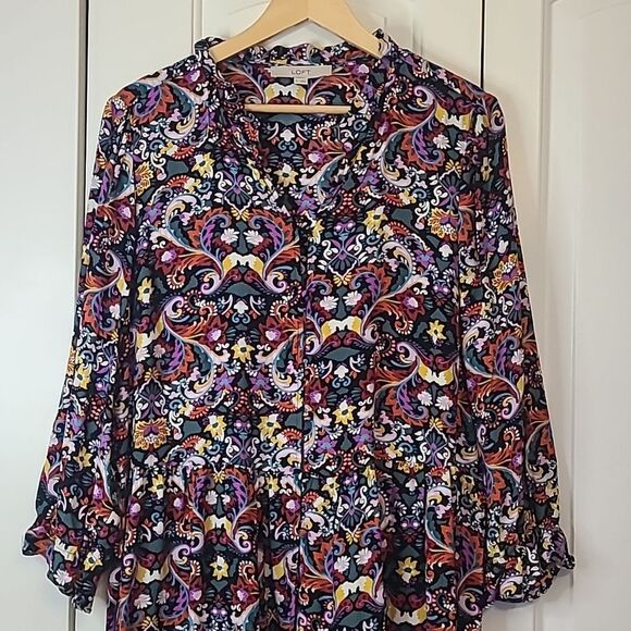 LOFT Floral Button Front Tiered Multicolor Floral Long Sleeve Dress Size XL - Picture 2 of 13
